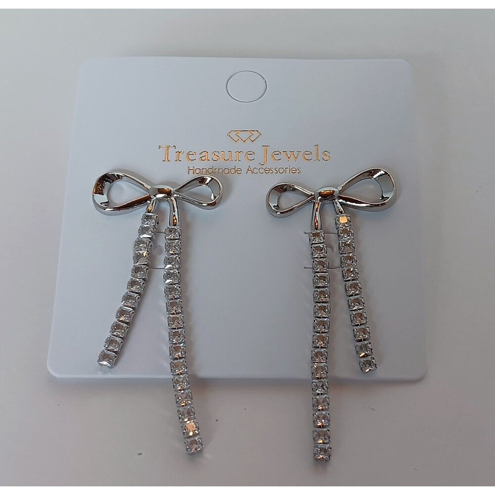 Treasure Jewels Silvertone Elegant Bow CZ Dangle Earrings 2.25 in NWT